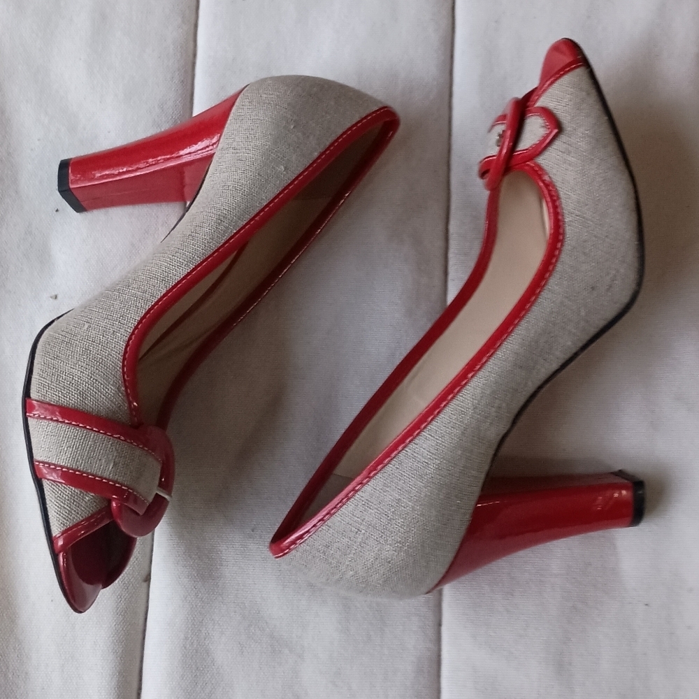Jon Josef Red and Cream Peep Toe Heels_7